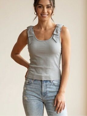 FRENCH CONNECTION Ribbed Bow Tank Top, Women’s Size L, Light Dream Blue